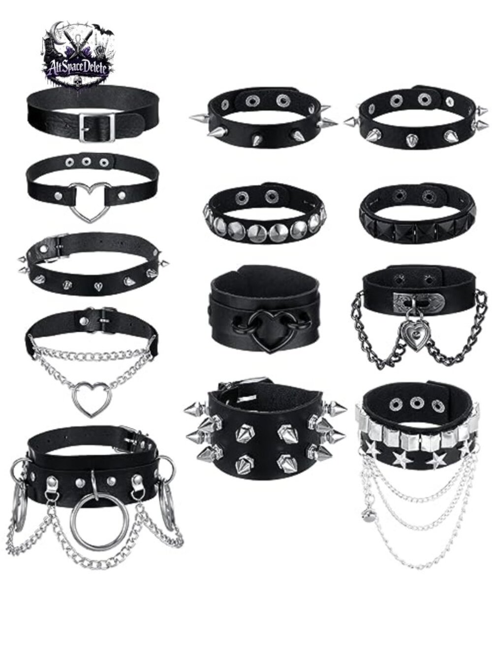 13 Pcs Gothic Punk Rock Jewelry Set: Leather Spike Choker Cuffs Bracelets